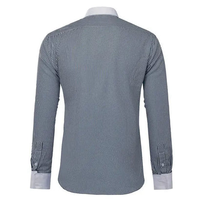 Men’s business casual striped dress shirt detail in black-white. Back view.