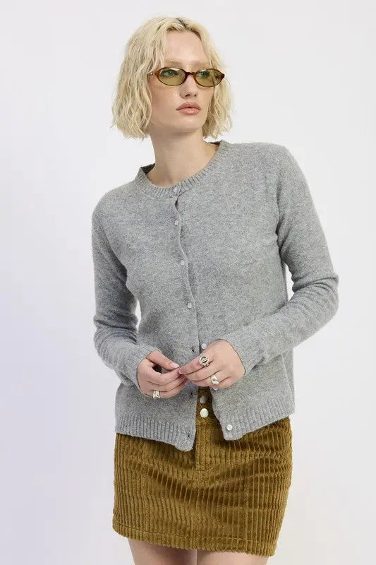 Color option: heather grey fitted button up cardigan on female model - front view