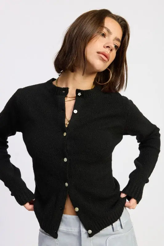 Black fitted button up cardigan button front detail close-up