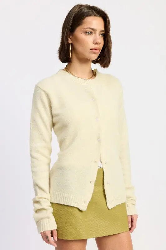 Color option: pale yellow fitted button up cardigan