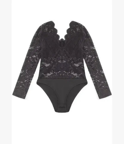 Lace bodysuit front view sheer mesh - flat lay