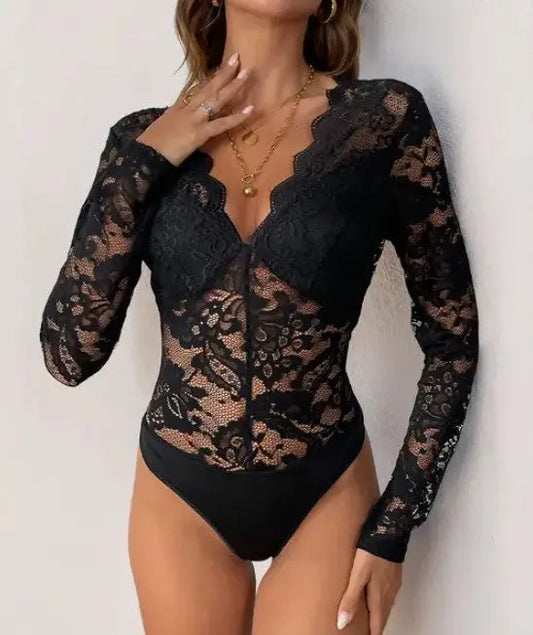 Womens long sleeve lace bodysuit front view on female model