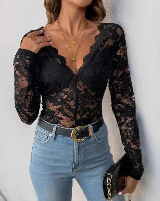 Women's lace bodysuit styled with denim on faceless female model