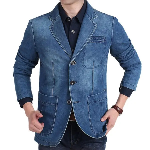 Men’s 3-button denim blazer styled casually on male model