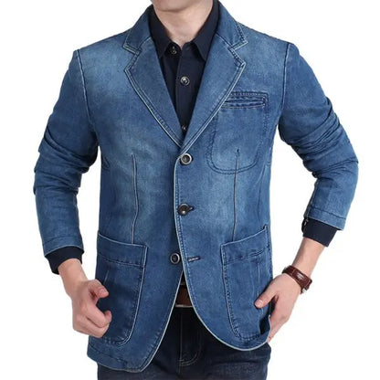 Men’s 3-button denim blazer styled casually on male model