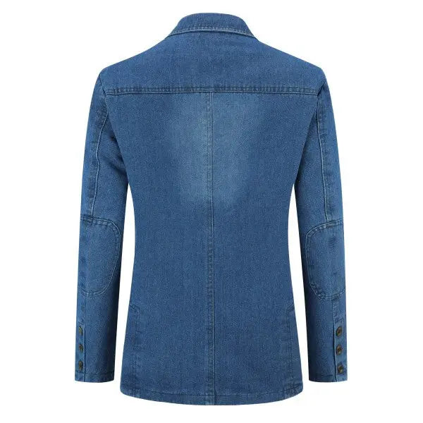 Slim fit washed denim blazer jacket back view