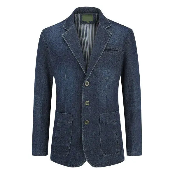 Men’s tailored denim blazer with patch pockets in deep blue - front view
