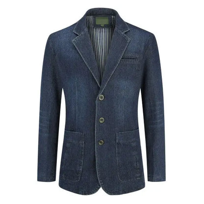 Men’s tailored denim blazer with patch pockets in deep blue - front view
