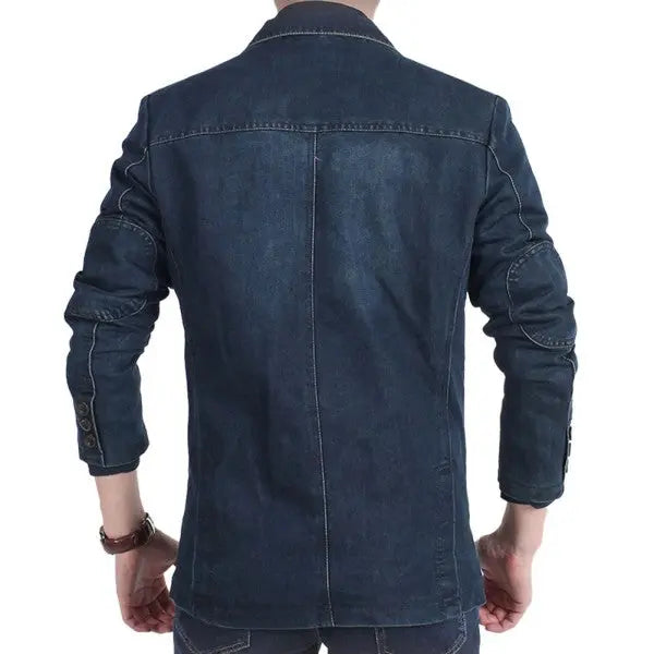 Men’s tailored denim blazer with patch pockets in deep blue - back view