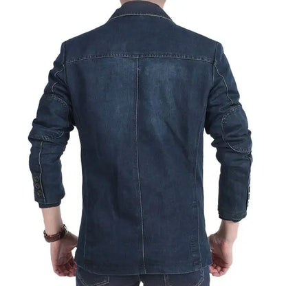 Men’s tailored denim blazer with patch pockets in deep blue - back view