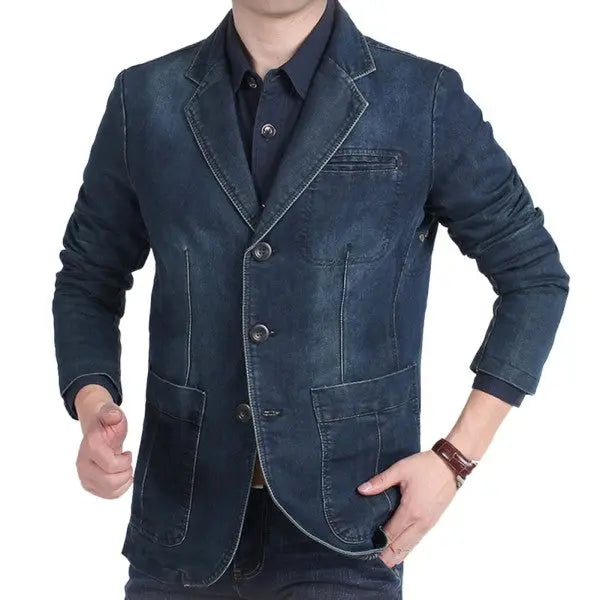 Men’s tailored denim blazer with patch pockets in deep blue - front view on male model