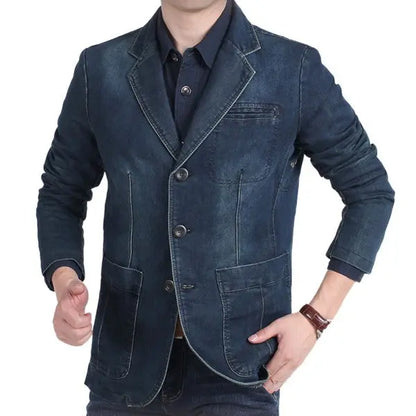 Men’s tailored denim blazer with patch pockets in deep blue - front view on male model