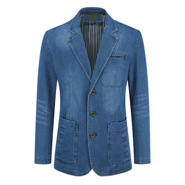 Men’s slim fit washed denim blazer jacket front view