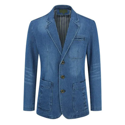 Men’s slim fit washed denim blazer jacket front view
