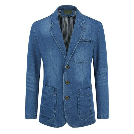 Men’s slim fit washed denim blazer jacket front view