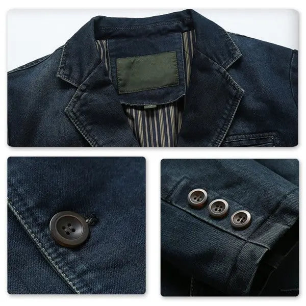 Couture Envy men’s washed denim blazer jacket close-up view of jacket details