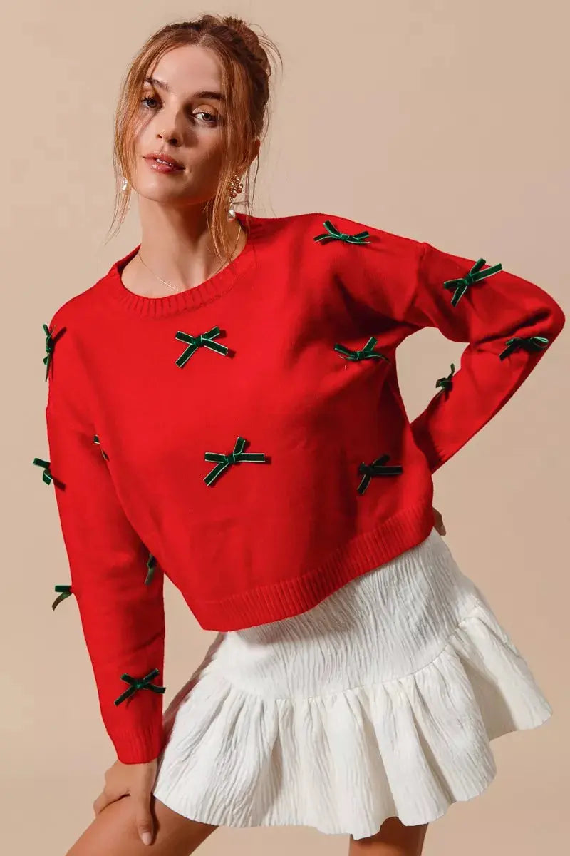 SO ME Ribbon Bow Applique Sweater front view in red