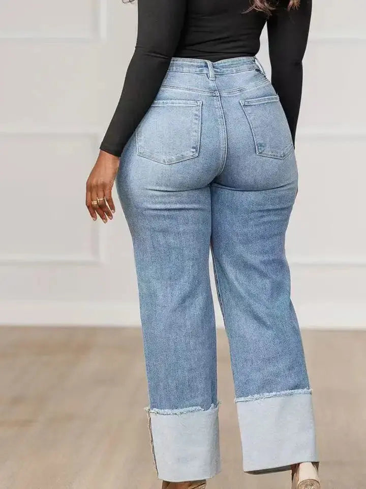Back view of cuffed hem straight leg jeans