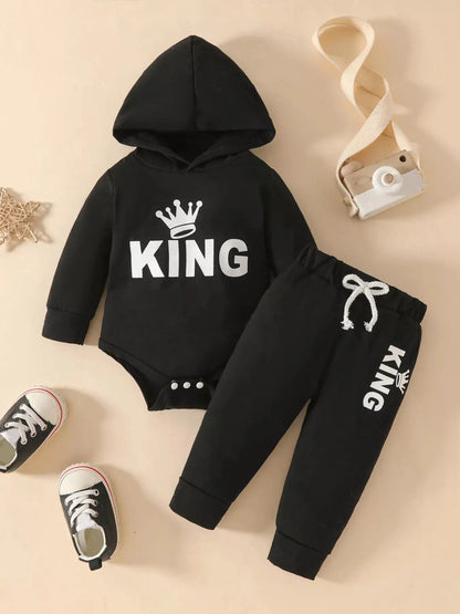 Black baby boy hoodie set with KING graphic and jogger pants.