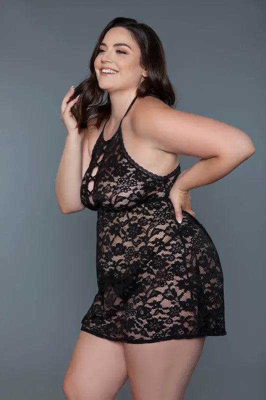 Plus size lingerie chemise matching thong in black