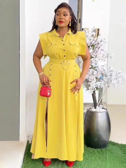 Yellow sleeveless cowl neck work dress set on model.