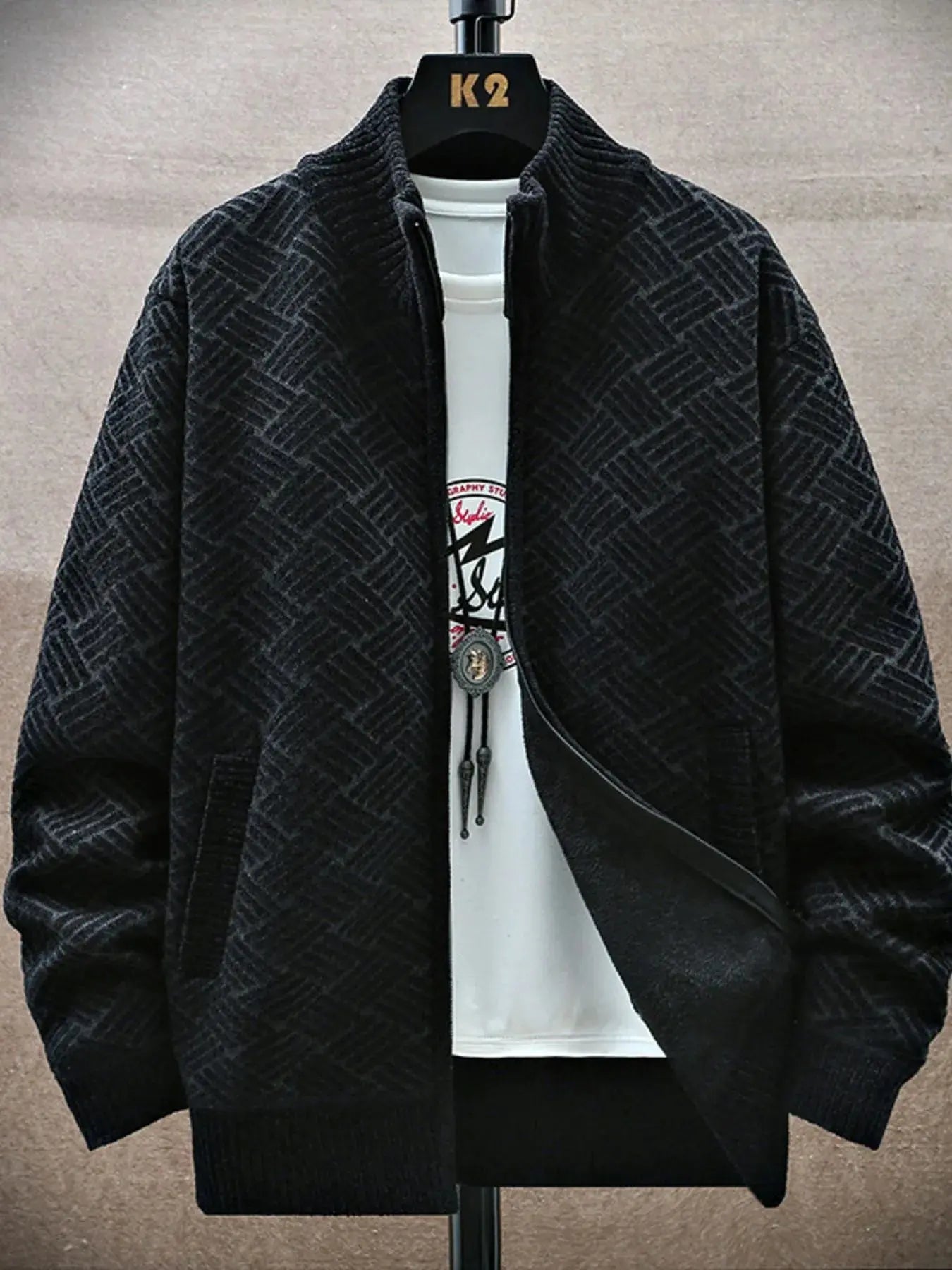 Men’s Plus Size Zip-Up Long Sleeve Cardigan – front view