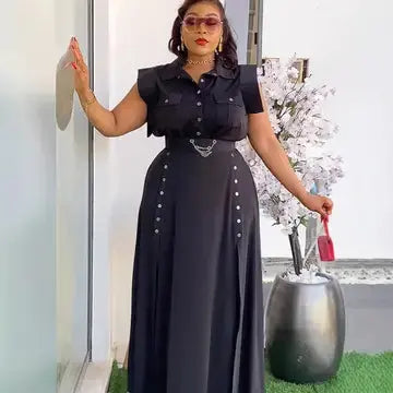 Black sleeveless work dress set shown front view.