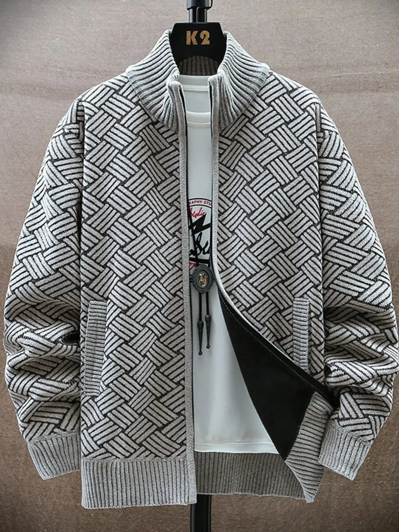 Men’s Plus Size Zip-Up Long Sleeve Cardigan – open view detail