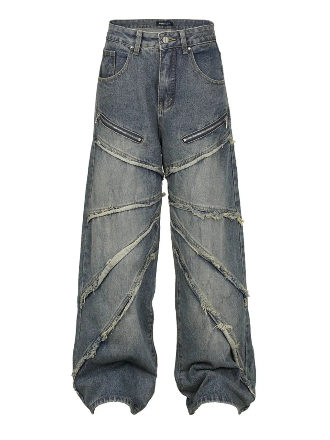 Men’s wide-leg distressed jeans front view with frayed seam detailing.