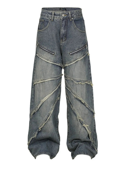Men’s wide-leg distressed jeans front view with frayed seam detailing.