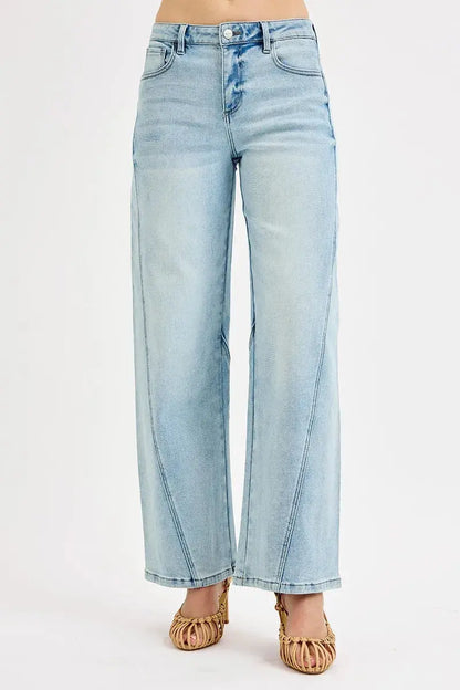 Front view of RISEN plus-size barrel jeans on model