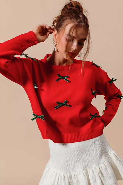 SO ME Ribbon Bow Applique Sweater side angle model pose