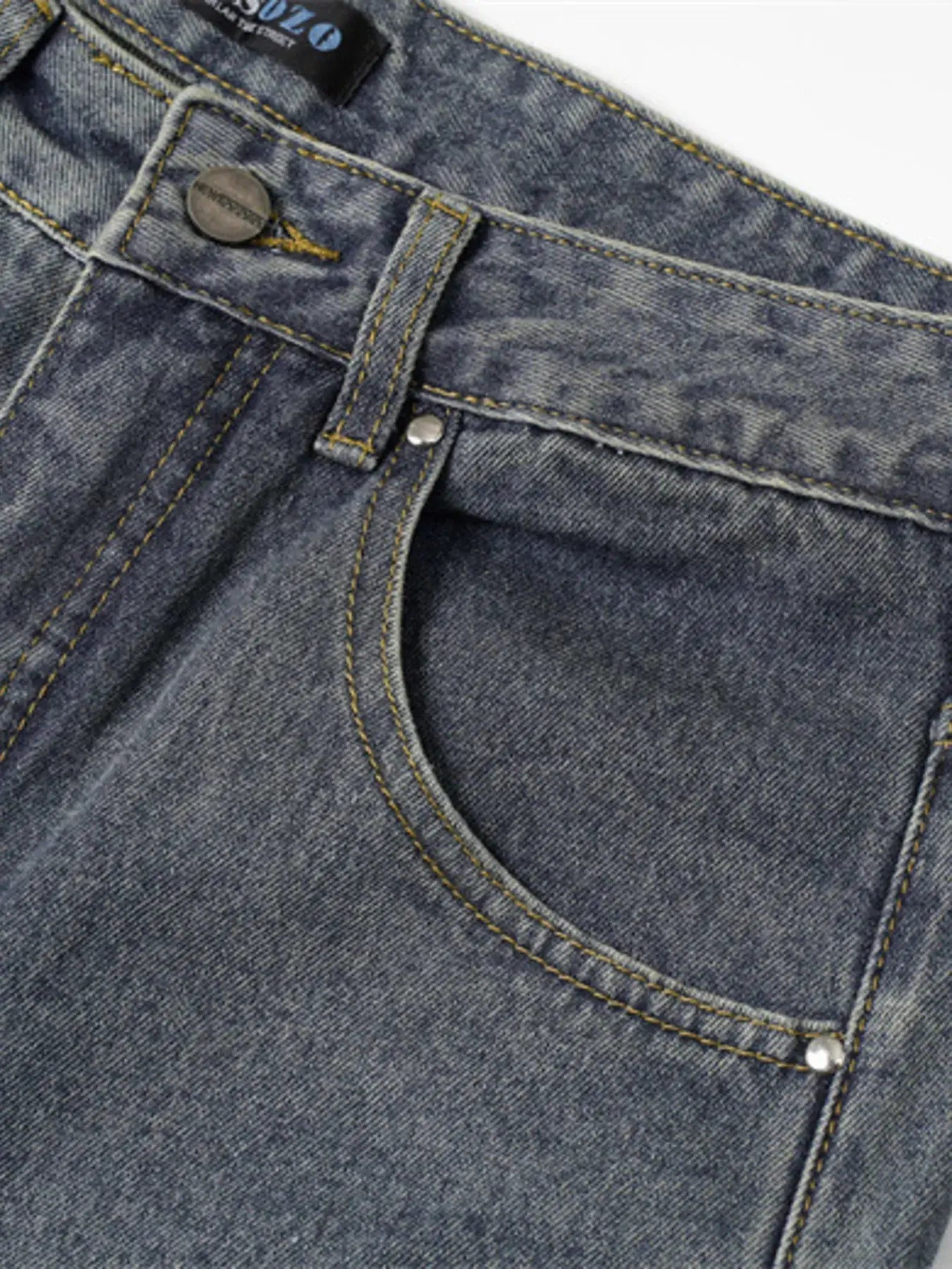 Men’s Wide Leg Jeans with Frayed Seam Details front pocket details.