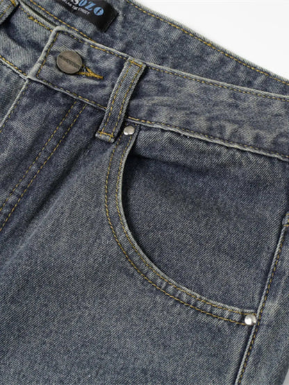 Men’s Wide Leg Jeans with Frayed Seam Details front pocket details.