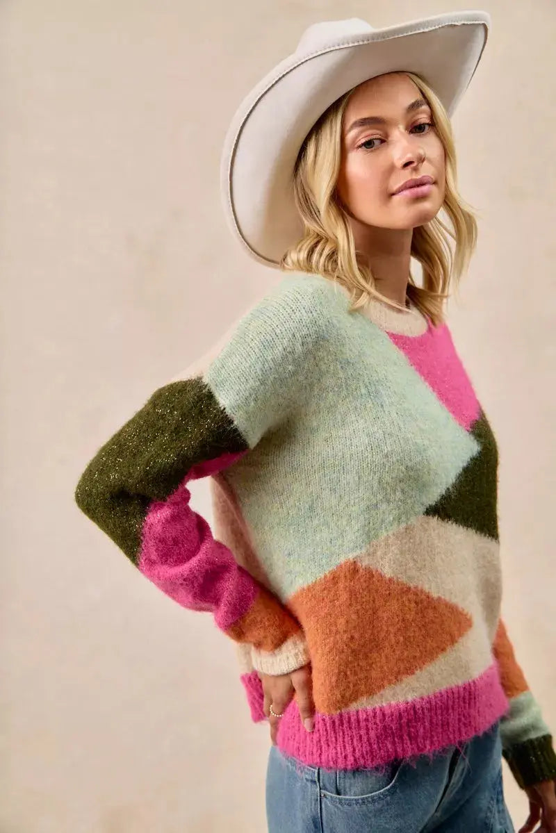 Side view of BiBi color block knit sweater