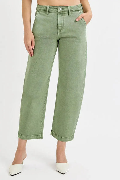 RISEN barrel crop jeans close-up waist and hip fit