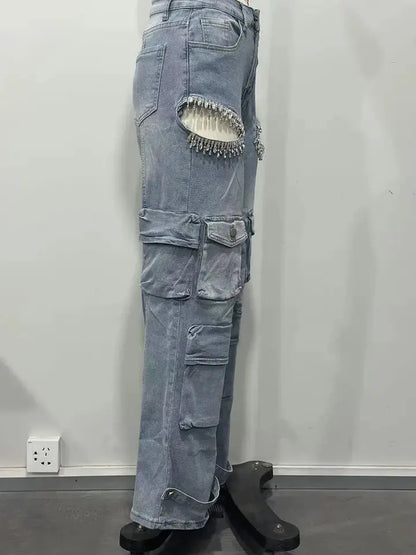 Side view of Distressed Wash Cargo Jeans Couture Envy on display