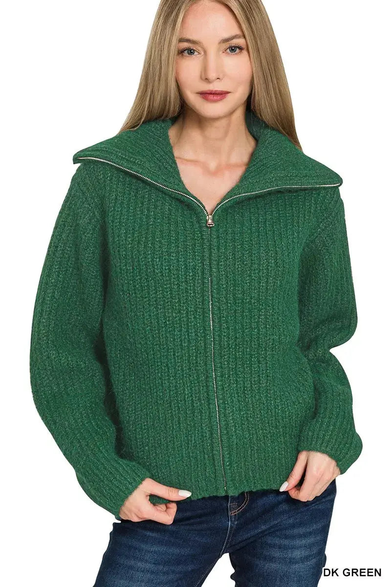 Model wearing Zenana High Neck Full Zip Sweater Cardigan in Dark Green.