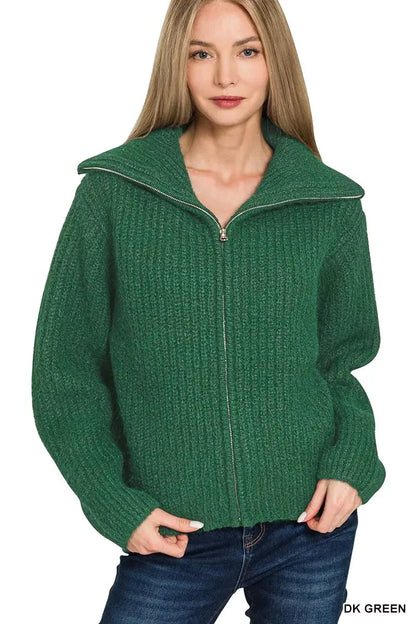 Model wearing Zenana High Neck Full Zip Sweater Cardigan in Dark Green.