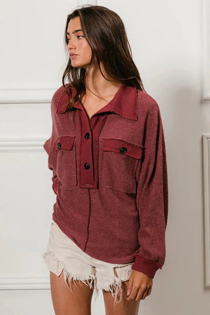 BiBi CP French Terry Cut Edge Detail Collared Top - slanted pose on model