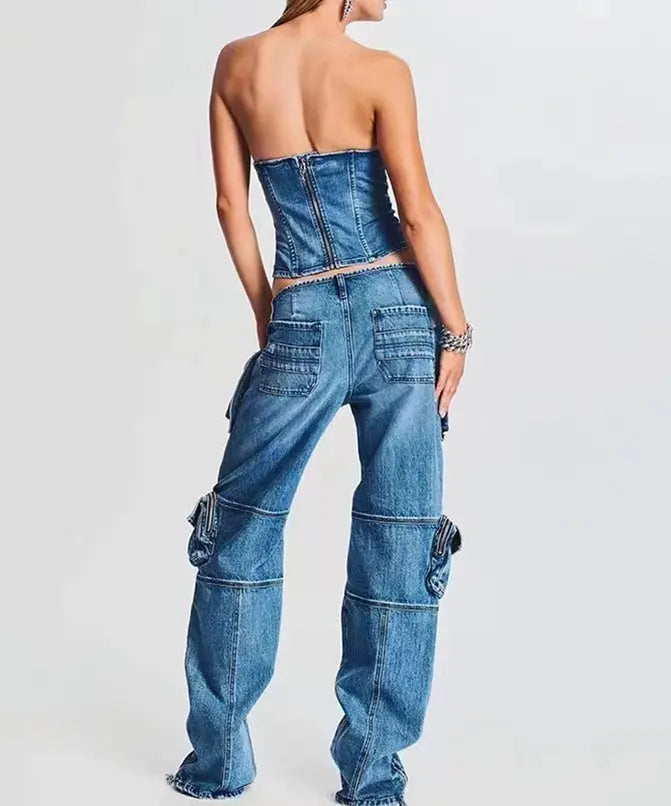 Model wearing Patchwork Cargo Accordion Jeans back view