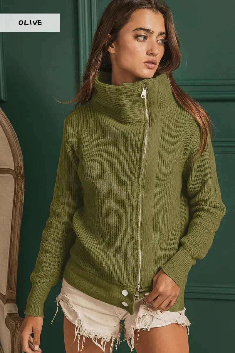 Olive high-neck ribbed zip-up sweater jacket front view on female model