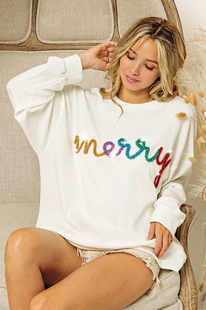 Front view of white Merry tinsel holiday sweatshirt