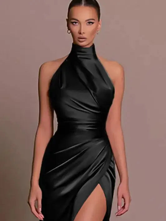 Halter neckline evening gown in black shown front view.