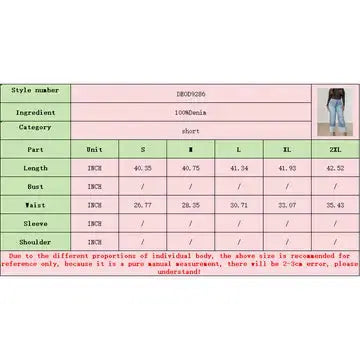 Table with size chart for a garment, showing measurements in inches.