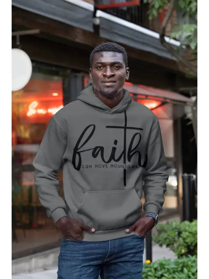 Grey faith hoodie shown on male model in outdoor setting.