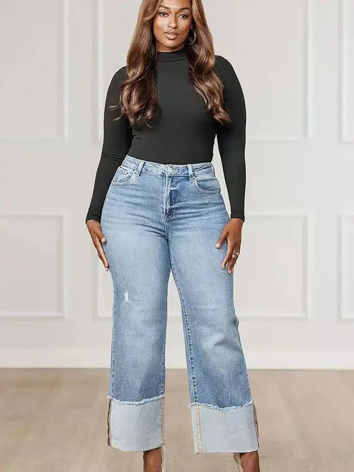 Woman modeling cuffed hem straight leg jeans, full front view