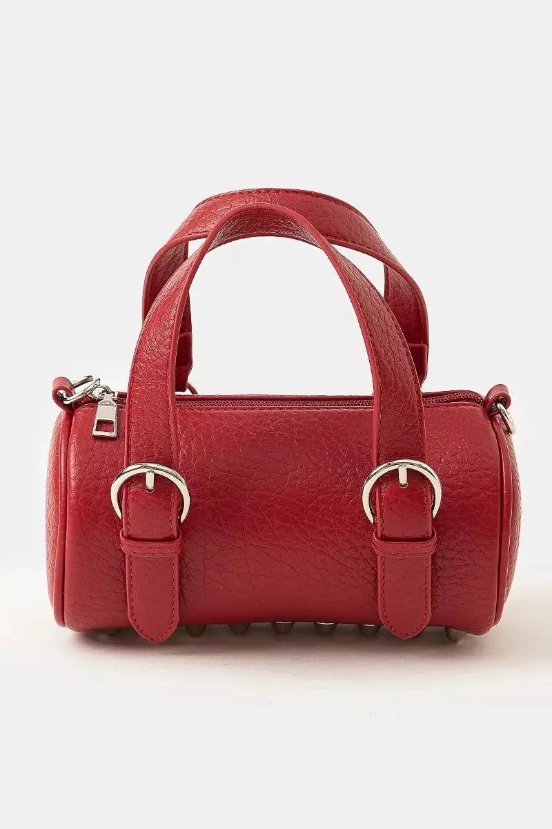 Faux Leather Barrel Handbag – Red Mini Cylinder Bag | Couture Envy.