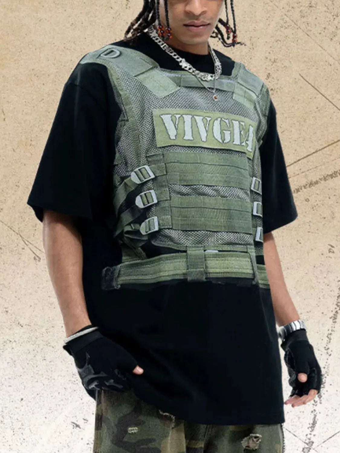 Men’s Tactical Vest Print T-Shirt side view.
