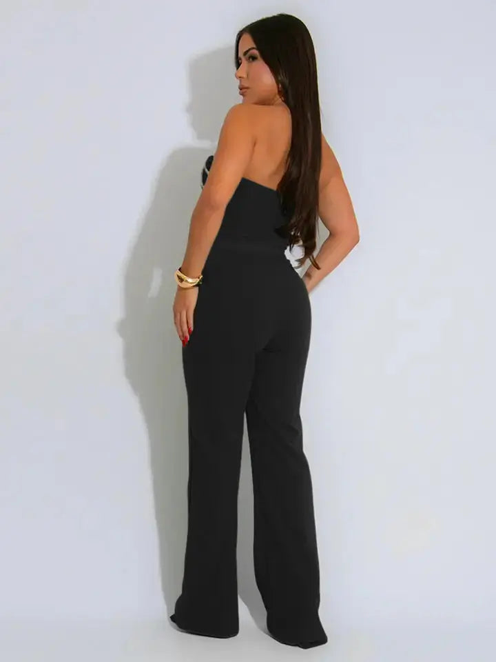 Back view of black strapless two-piece trousers set